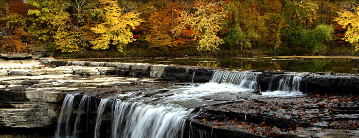 Autumn leaves and waterfall